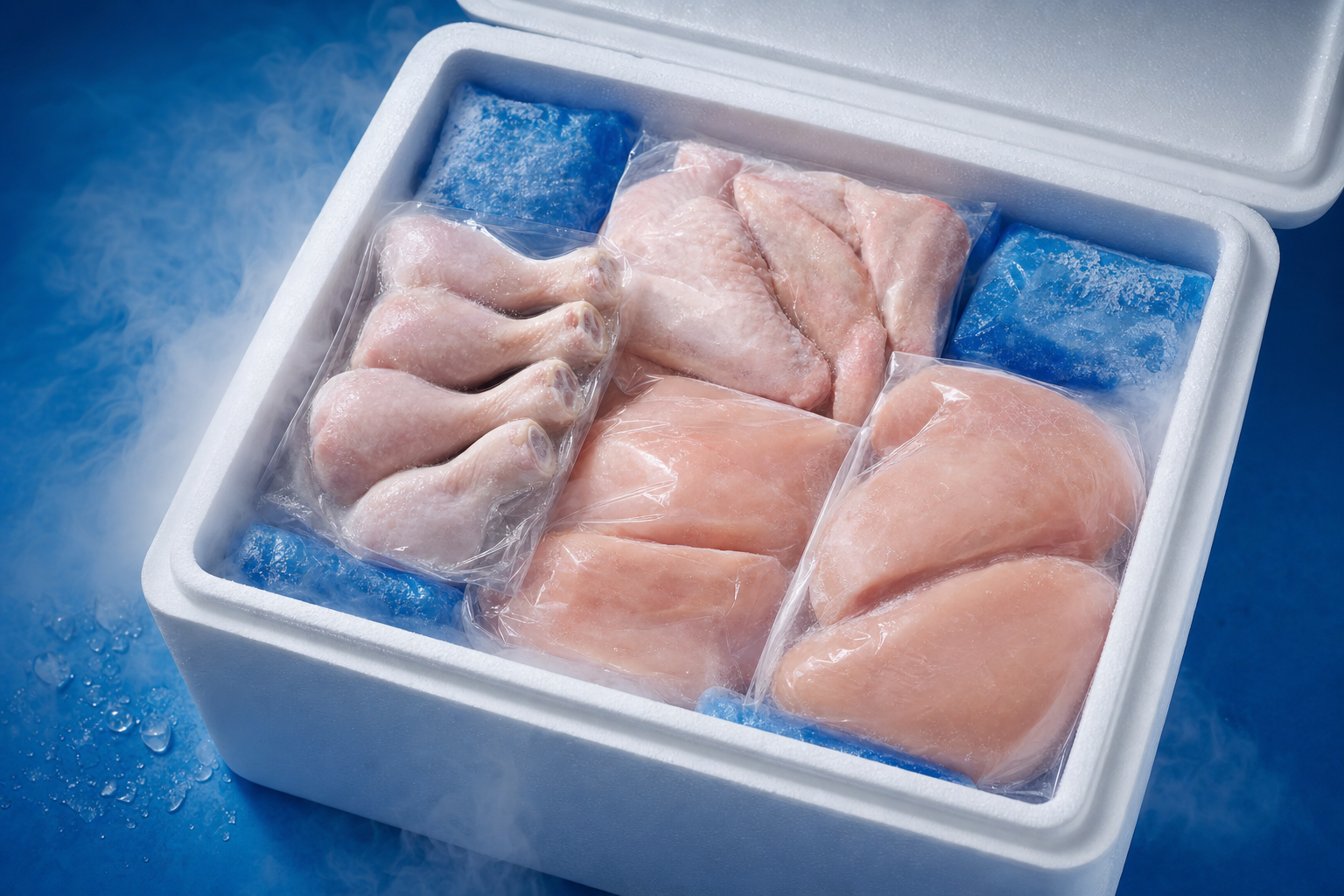 Insulated cold-chain delivery box packed with frozen food